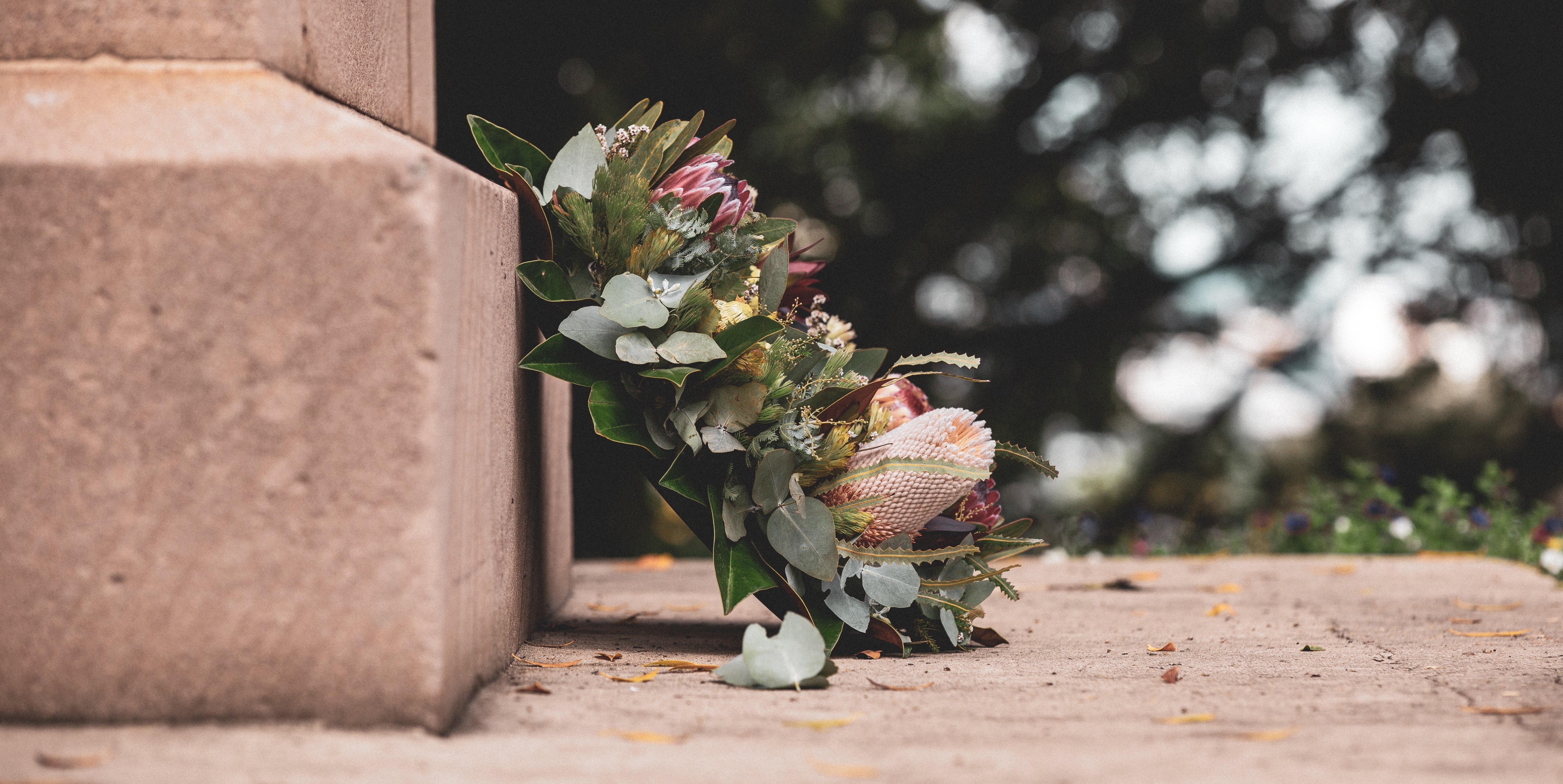 En blomsterkrans med proteablomster og grønne blader hviler mot en steinmur på en gravplass, med en uskarp bakgrunn av trær og lys. Foto.